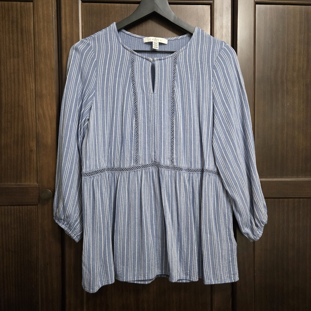Fever Blue Whistlers Striped 3/4 Sleeve Boho Top Peasant Euro Casual Beach Vacay